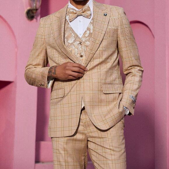 Orange Glen Plaid Peak Lapel 3 Piece Stacy Adams Men's Suit - Picture 4 of 6